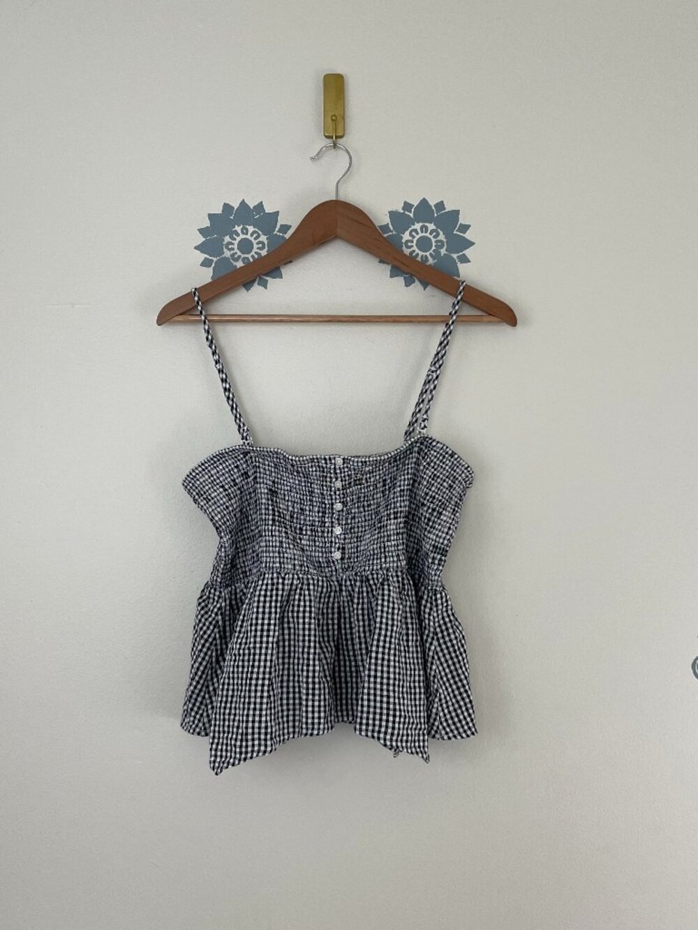 American Eagle Gingham Handkerchief Hem Smocked Babydoll Top Size Large